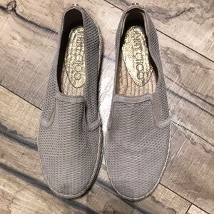 AuthenticJimmy Choi beige perforated suede shimmer espadrille platform loafer